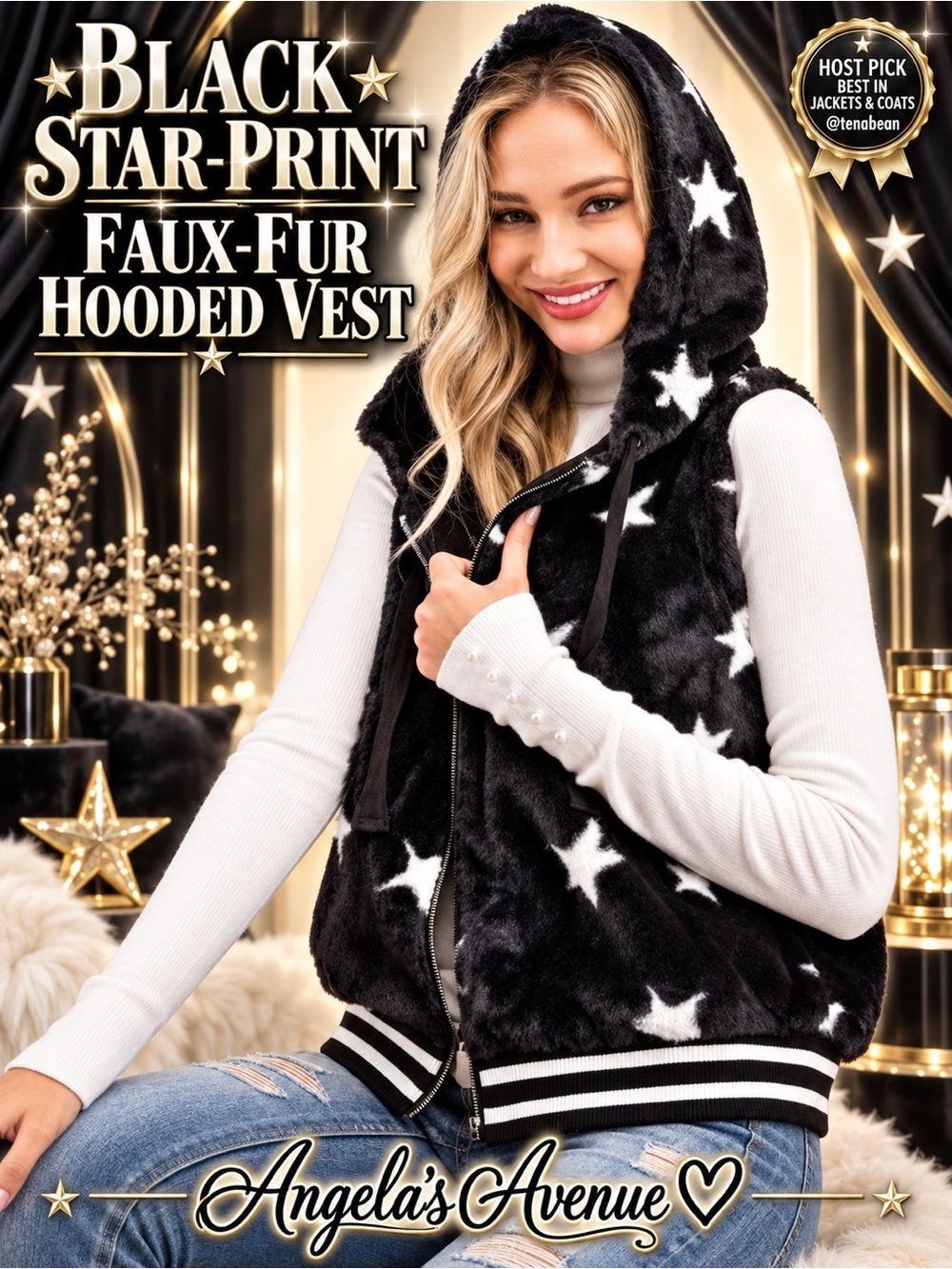 BLACK FAUX FUR STAR PRINT ZIP UP HOODED VEST NEW